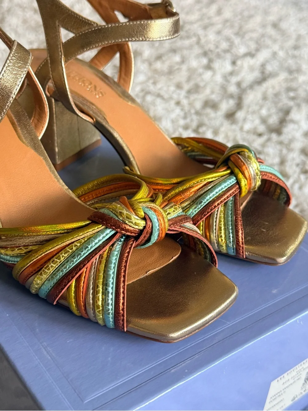 Sézane Metallic Gold Multi-Color Strappy Knot Block Heel Sandals